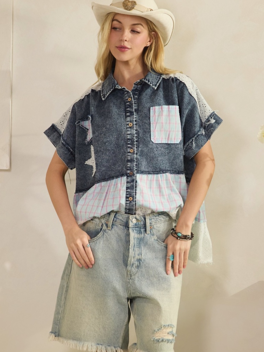 Sage & Fig Dark Wash Denim Plaid Print Star patch Button Down Top - Picture 5 of 8